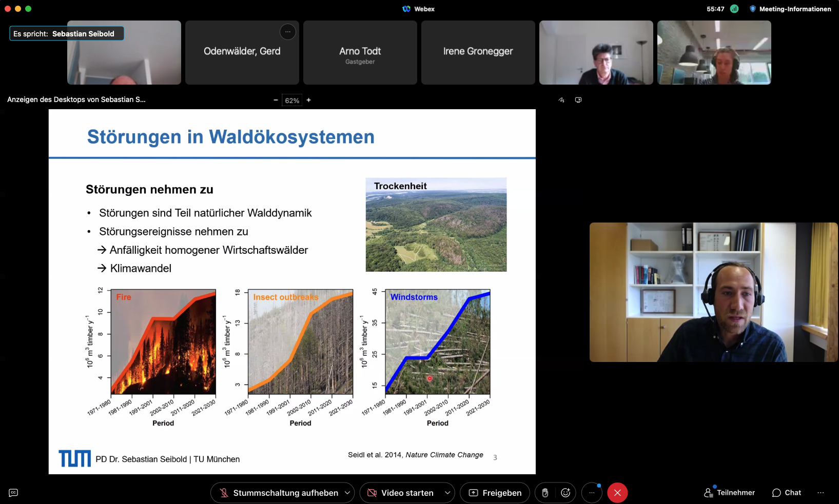 Screenshot aus dem WebEx-Videocall, auf dem man den Referenten PD Dr. Sebastian Seibold und seine Vortagsfolien sieht, darüber sind einige Online-Dialog-Teilnehmer klein kachelartig dargestellt