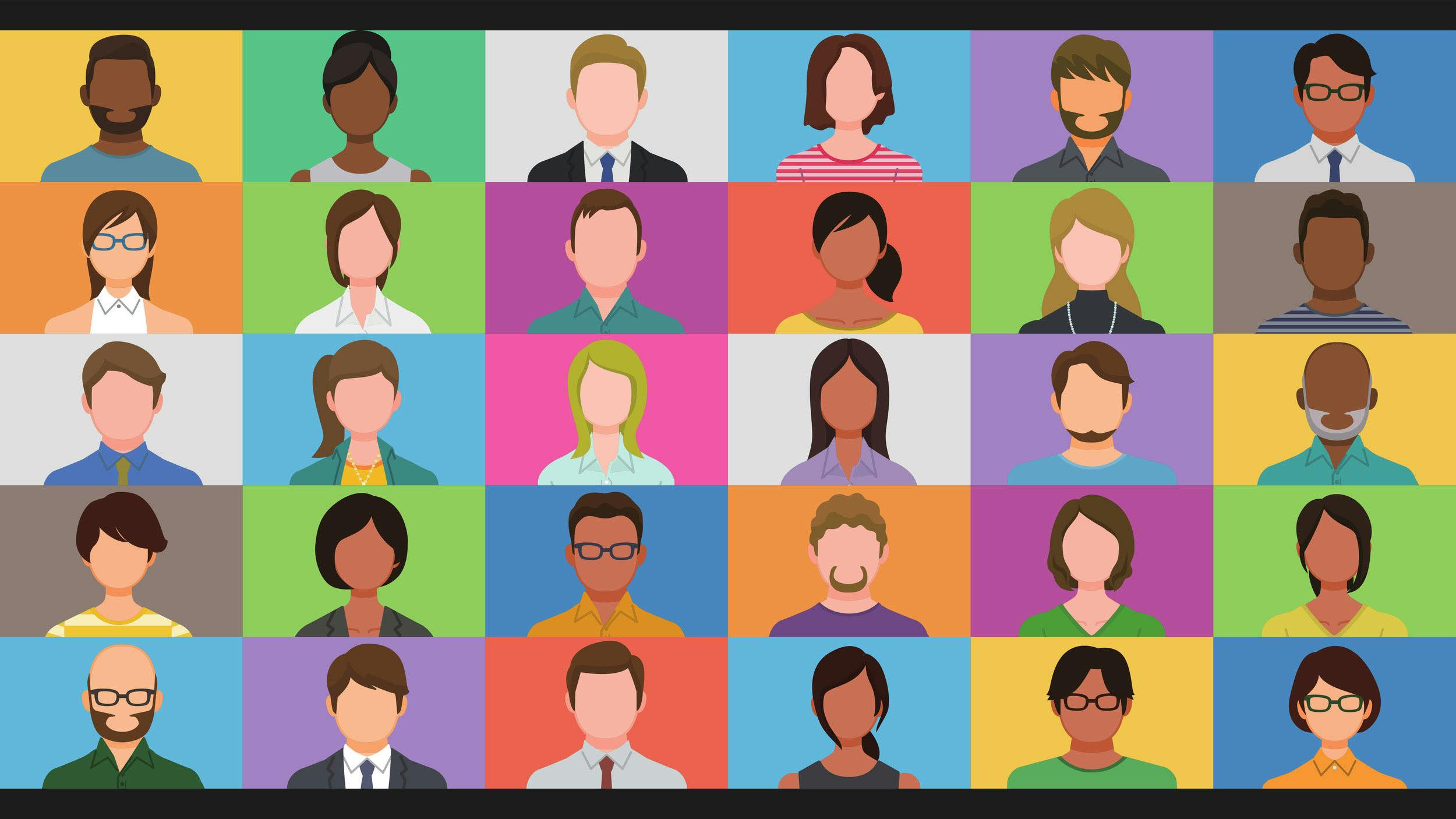 Farbenfrohe Anordnung aus 30 Kacheln, die Menschen im Porträt zeigen - dargestellt in Comic-Grafik.