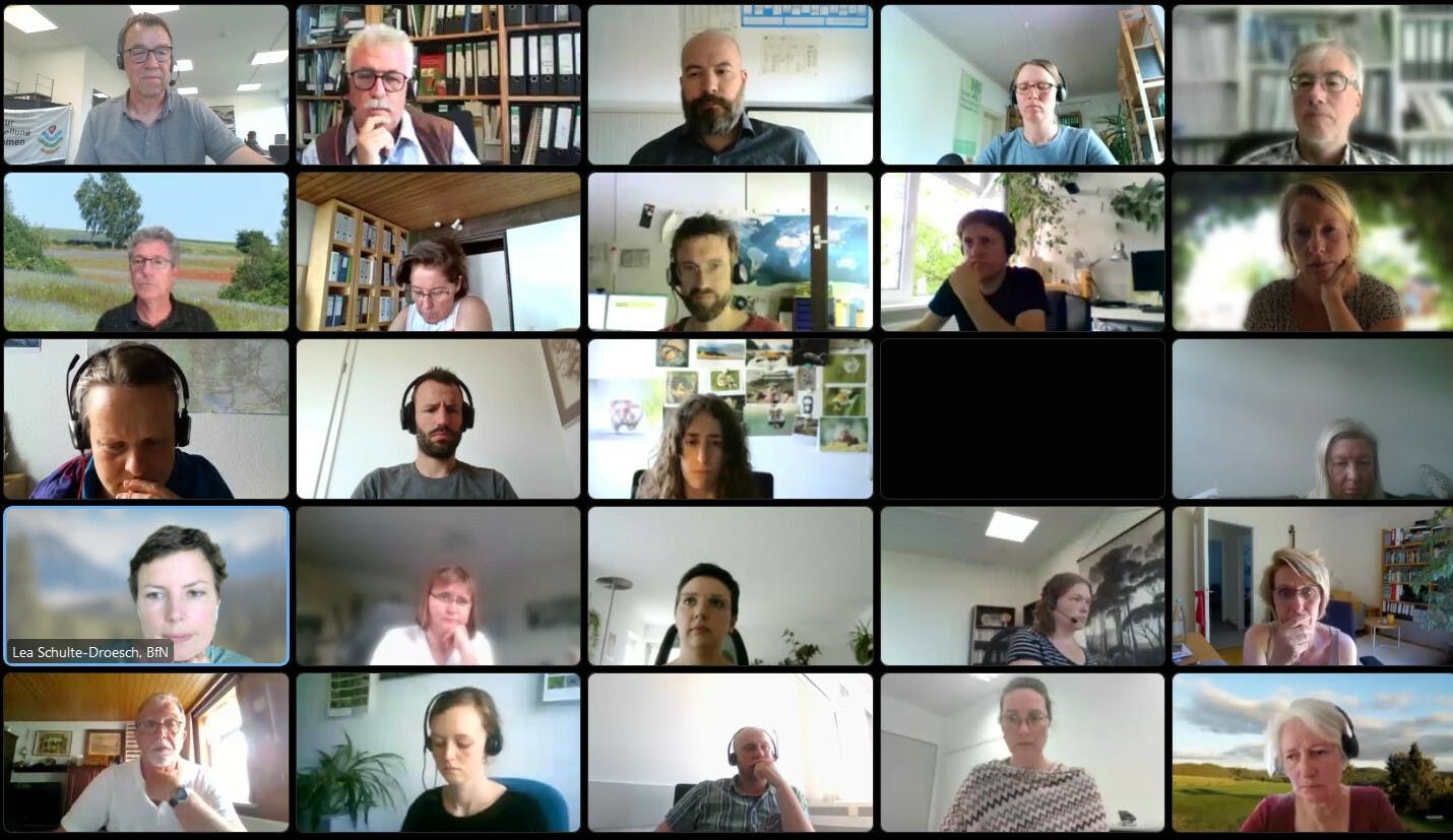 Screenshot aus dem WebEx-Videocall, auf dem die Online-Dialog-Teilnehmer kachelartig dargestellt sind.