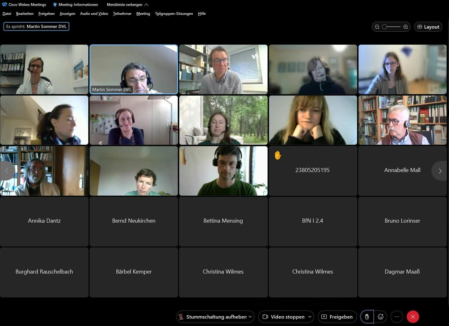 Screenshot aus dem WebEx-Videocall, auf dem die Online-Dialog-Teilnehmer kachelartig dargestellt sind – die meisten mit Video, andere nur mit ihrem Namen
